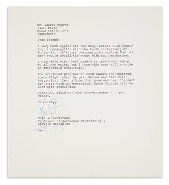(ASTRONAUTS.) ARMSTRONG, NEIL. Two items: Photograph Signed and Inscribed * Typed Letter Signed.